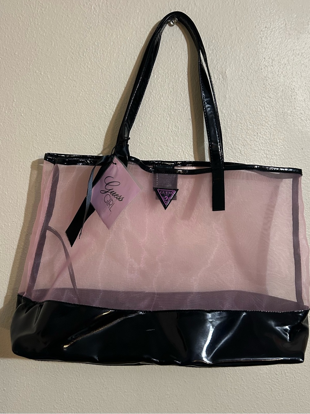GUESS Pink Mesh & Black Patent Tote Bag Y2K